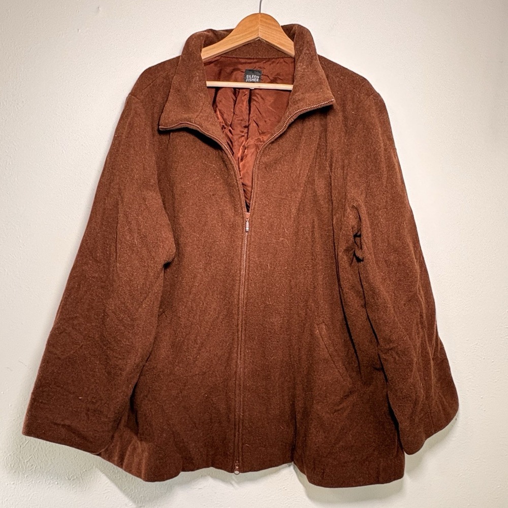 Eileen Fisher Womens 100% Wool Brown Zip Cardigan Jacket 2X Plus Size Coat